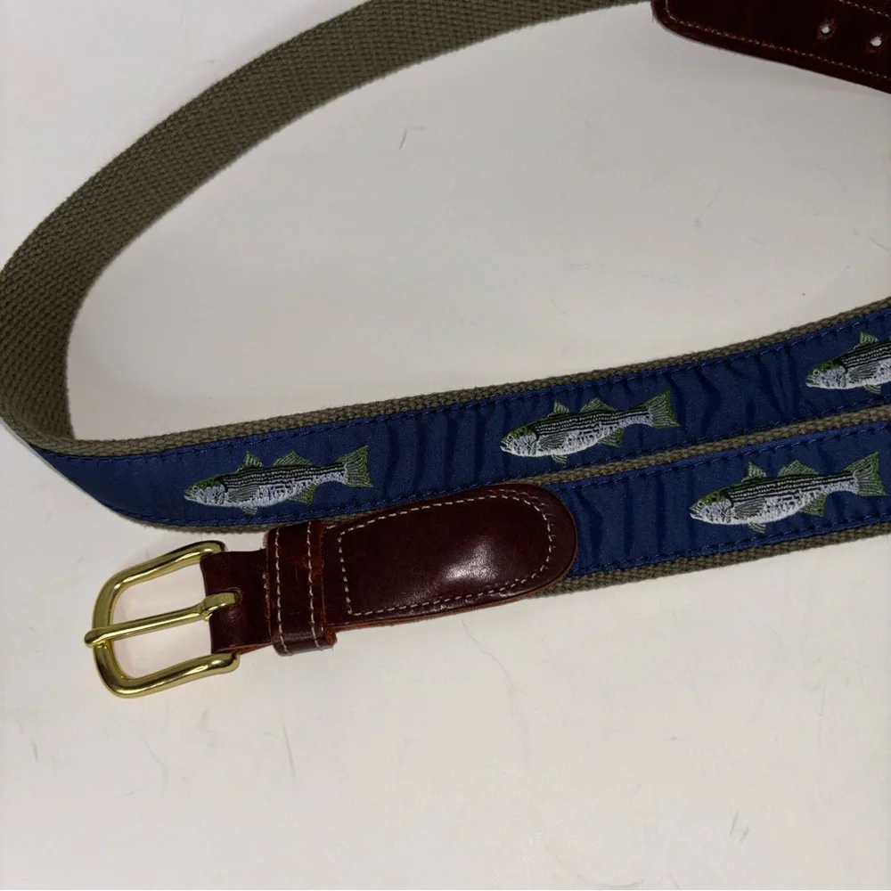 PRESTON New England Belt Men’s Sz 46 Bass Fish Blue Brown Leather Nautical Ocean
